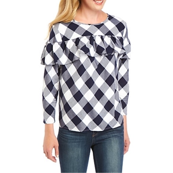 CROWN & IVY Top Blouse Check Plaid Print Gingham Ruffle 3/4 Sleeve Size Small - Picture 2 of 10